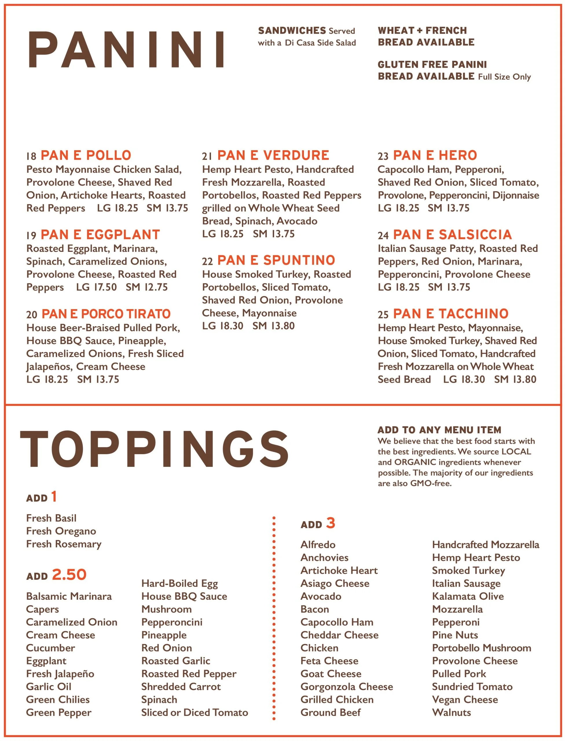 A menu featuring pizza toppings, with sections for adding various ingredients such as fresh basil, oregano, rosemary, cucumber, eggplant, jalapeño, garlic, chilies, pepper, onion, tomato, cheese, and meats like turkey, ham, sausage, and pulled pork.