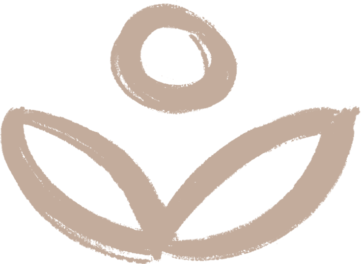 Minimalist line drawing of a person meditating with a circle above their head, surrounded by two leaves.