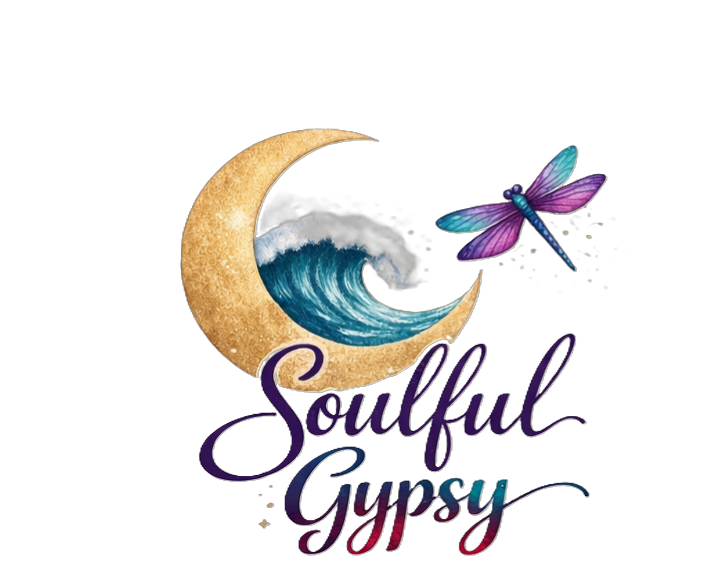 A logo featuring a golden crescent moon with a wave inside it, a purple and blue dragonfly, and the words "Soulful Gypsy" in purple and teal cursive font.