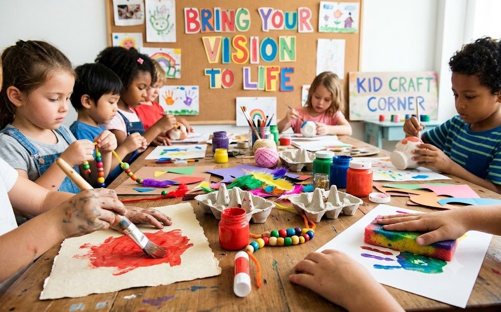 Children sitting around a table engaged in arts and crafts, with art supplies like paint, paper, and glue, in a classroom decorated with colorful signs that read 'Bring Your Vision to Life' and 'Kid Craft Corner.'
