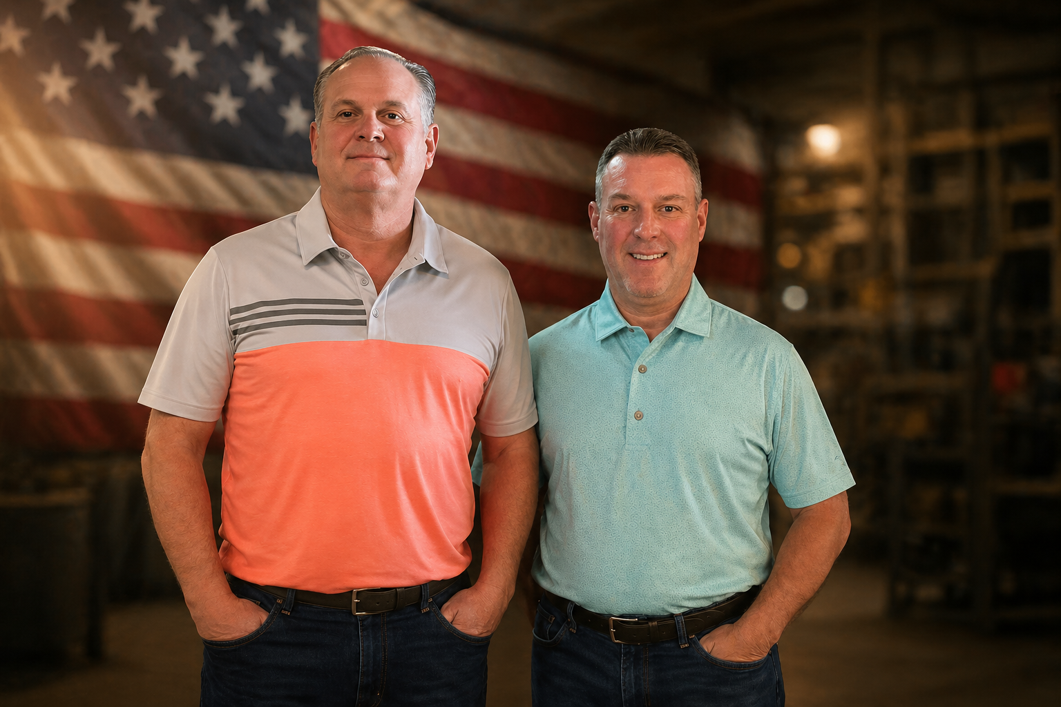 Two men standing in front of a large American flag in a rustic setting, smiling at the camera.