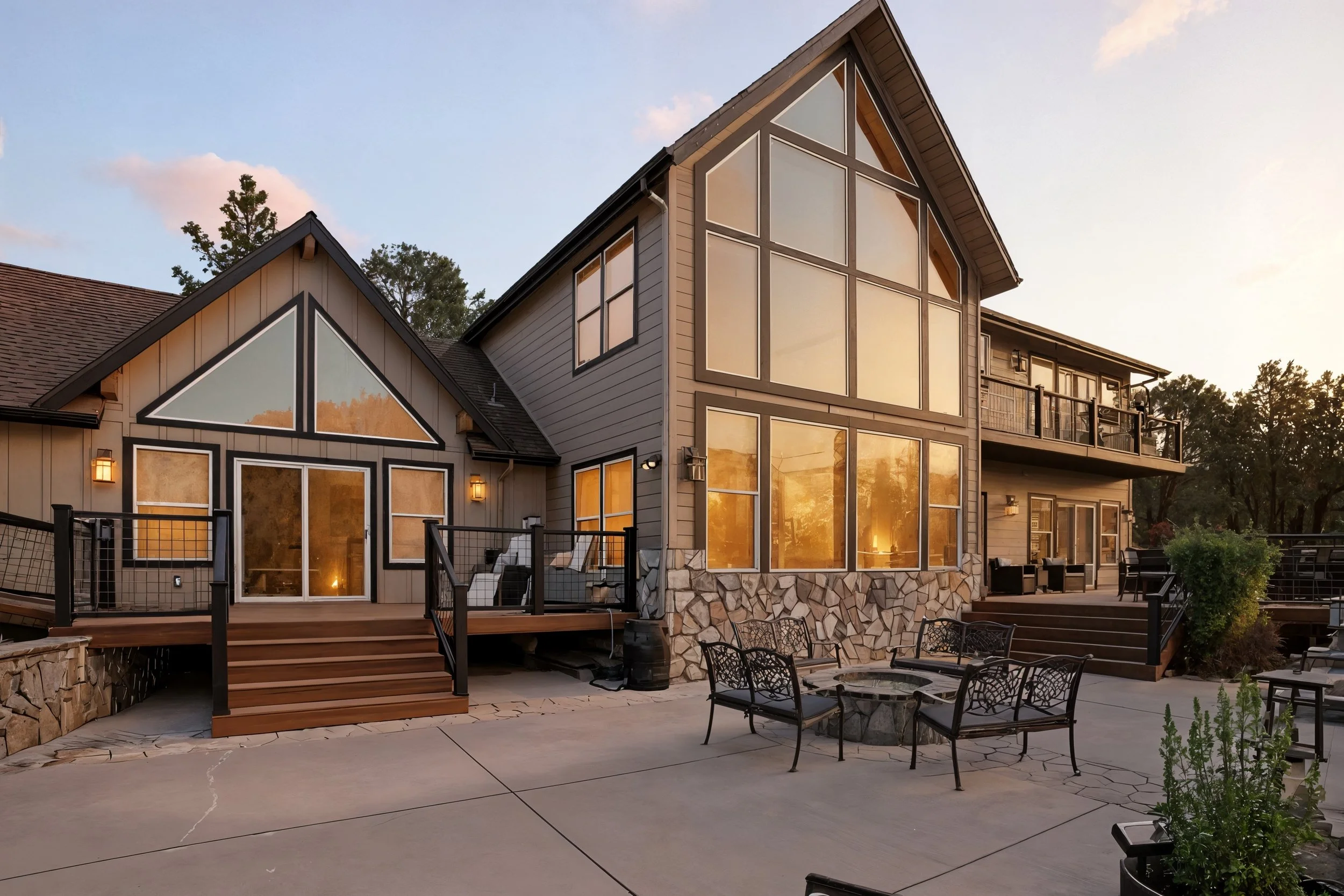 Large modern house with multiple large windows reflecting the sunset, a balcony, a front porch with stairs, outdoor seating, and a stone foundation, set in a suburban backyard at dusk.