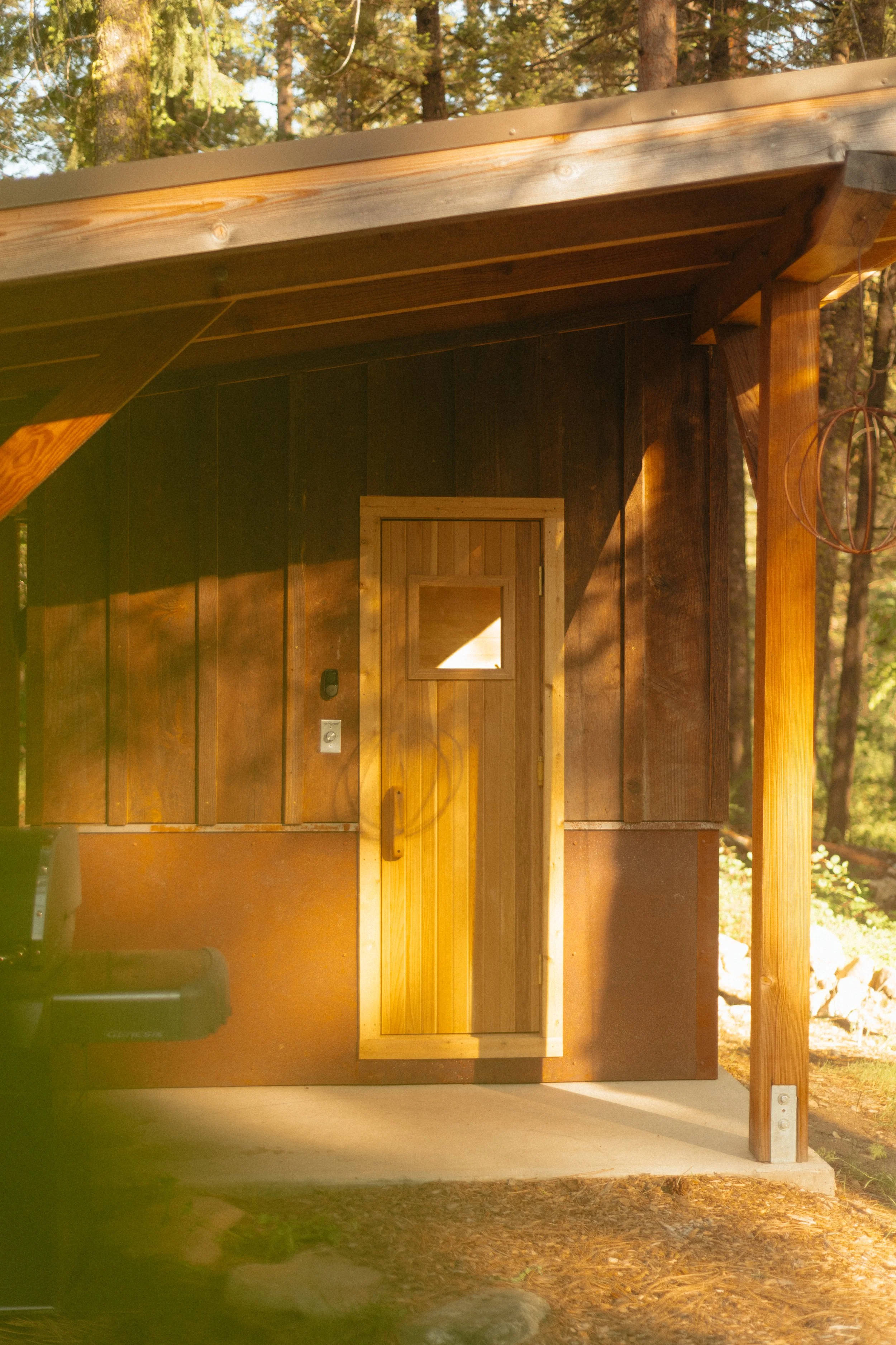 custom sundog sauna in a wooded area with trees and sunlight.