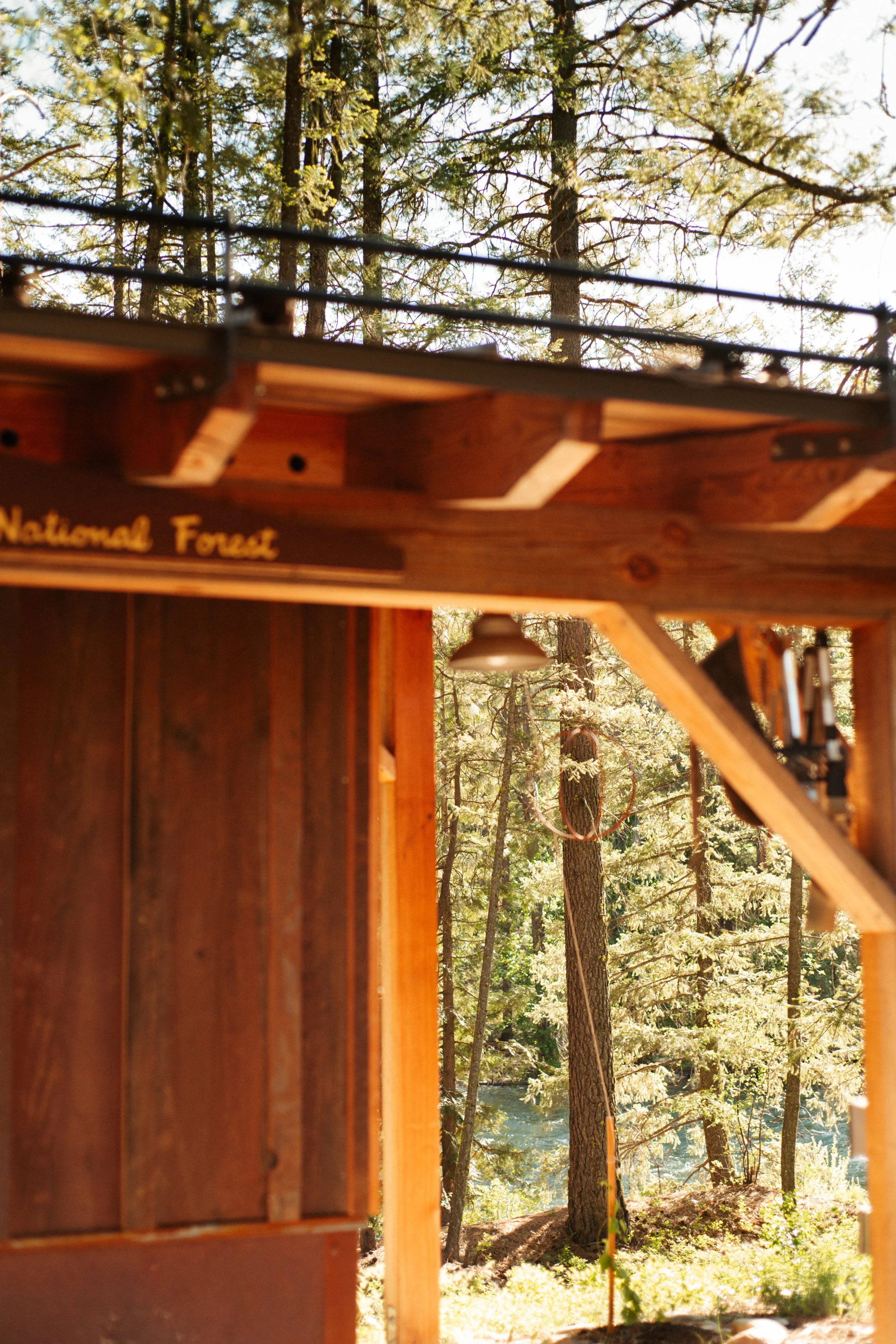 Trees and a river in the background, sunlight filtering through the trees, part of a custom built sauna overlooking a forested area.