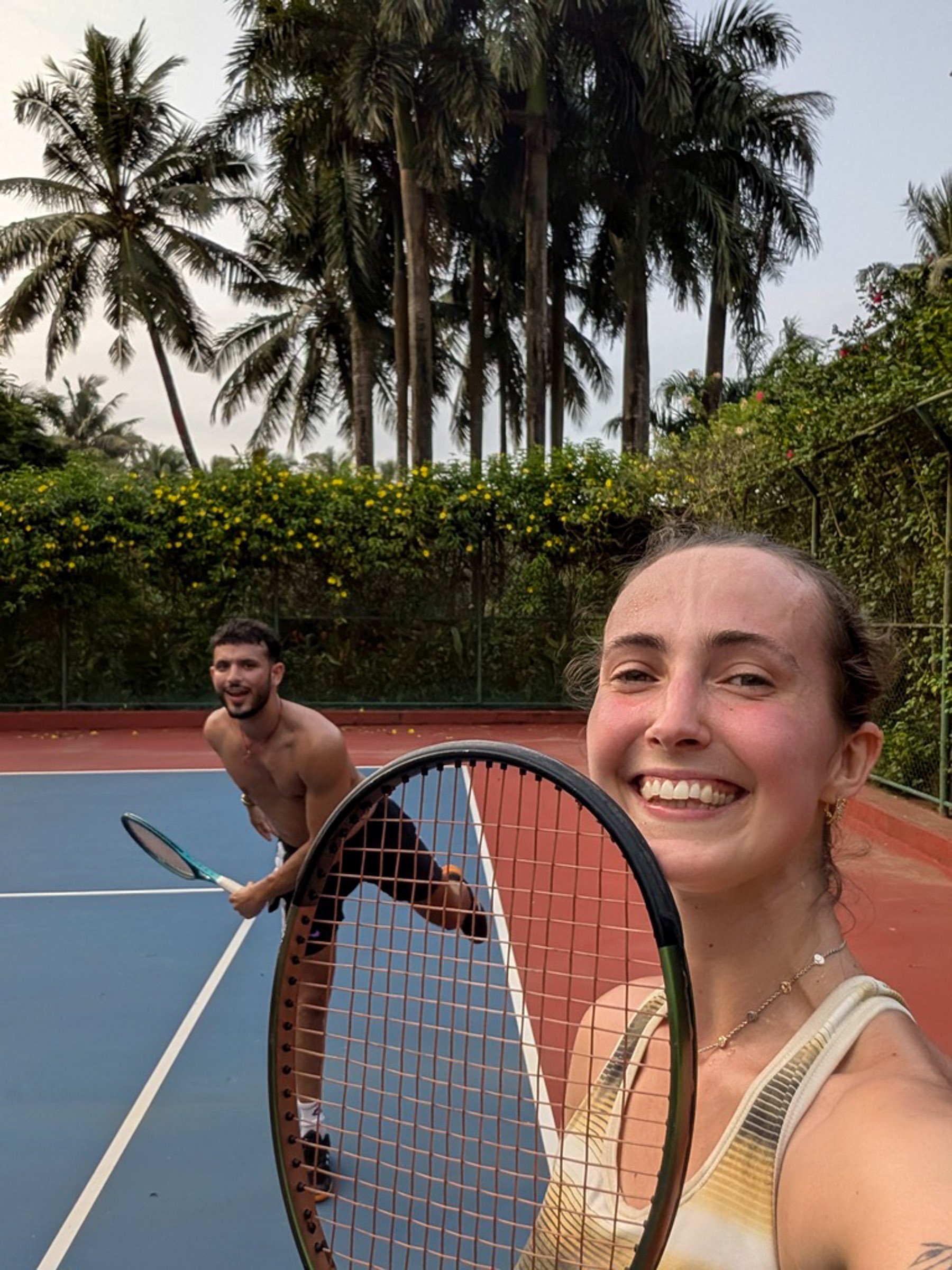   Plummeting to the tennis courts on the back of the motorbike  