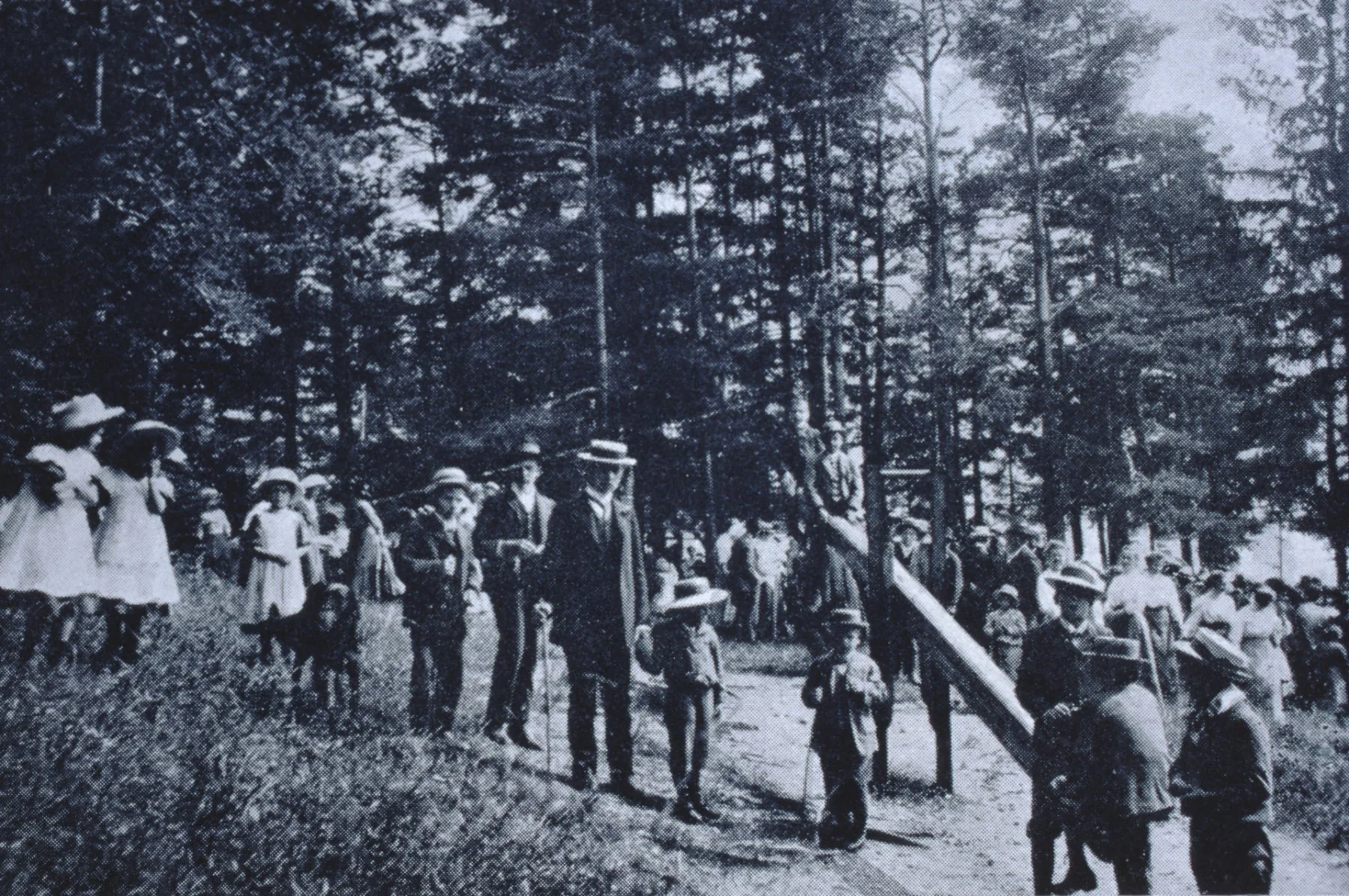 Historische schwarz-weiße Fotografie einer Menschenmenge im Freien, viele Frauen und Kinder tragen Sommerkleidung und Hüte, im Hintergrund hohe Bäume, vermutlich im frühen 20. Jahrhundert.