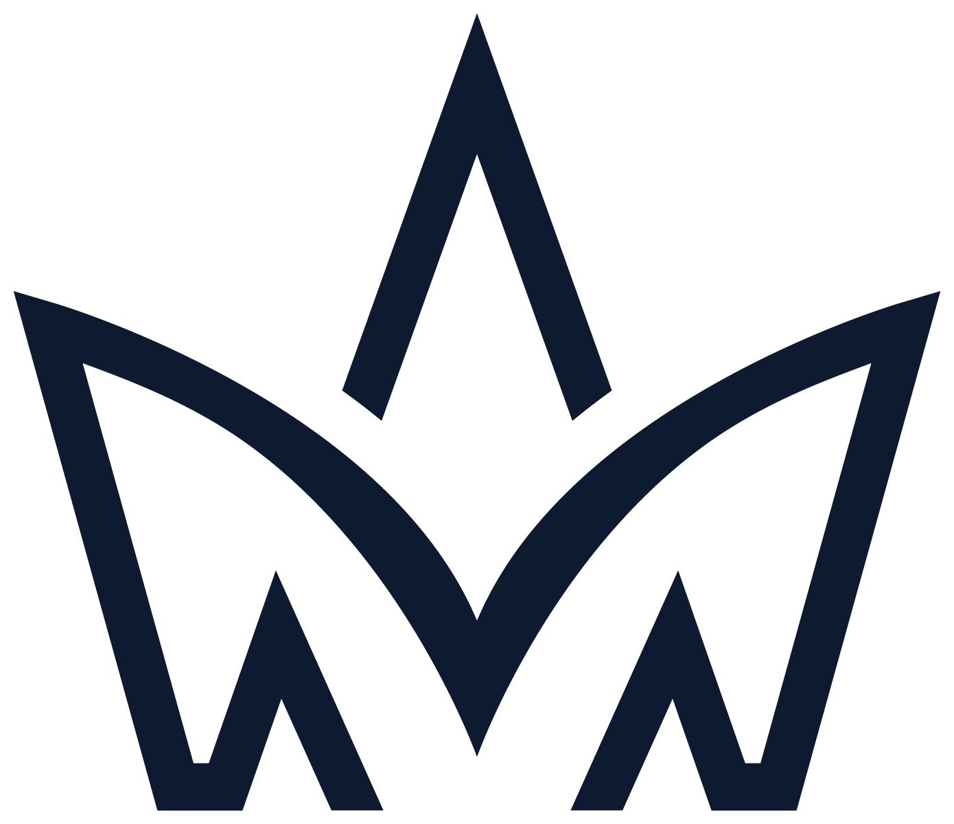 A stylized, dark blue crown logo with geometric shapes and sharp points.