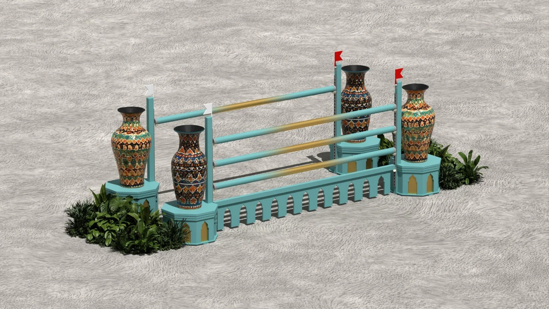 The arabian pot showjump, a unique obstacle handprinted for originality to UAE designs. Available through Equicore.