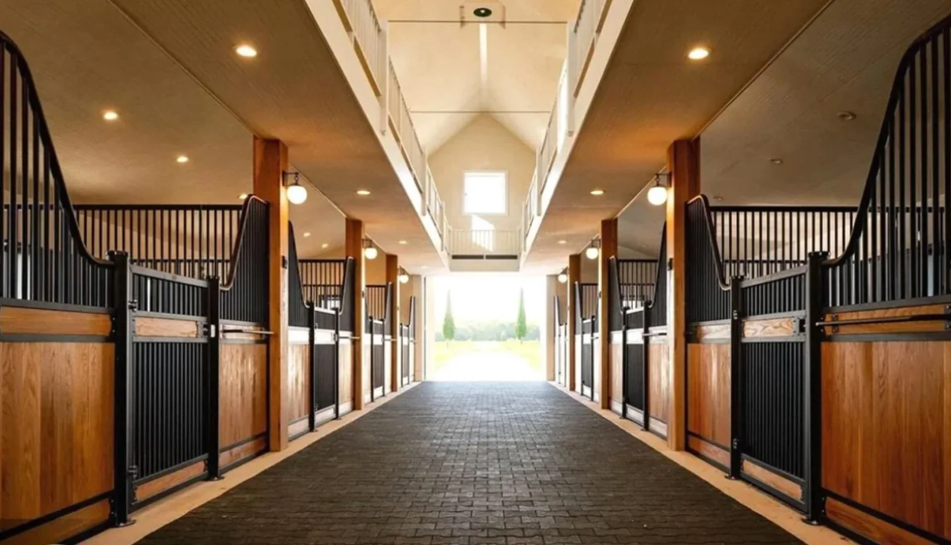 Equestrian stable with rows of stalls, black metal fencing, wood paneling, and a view of trees outside.