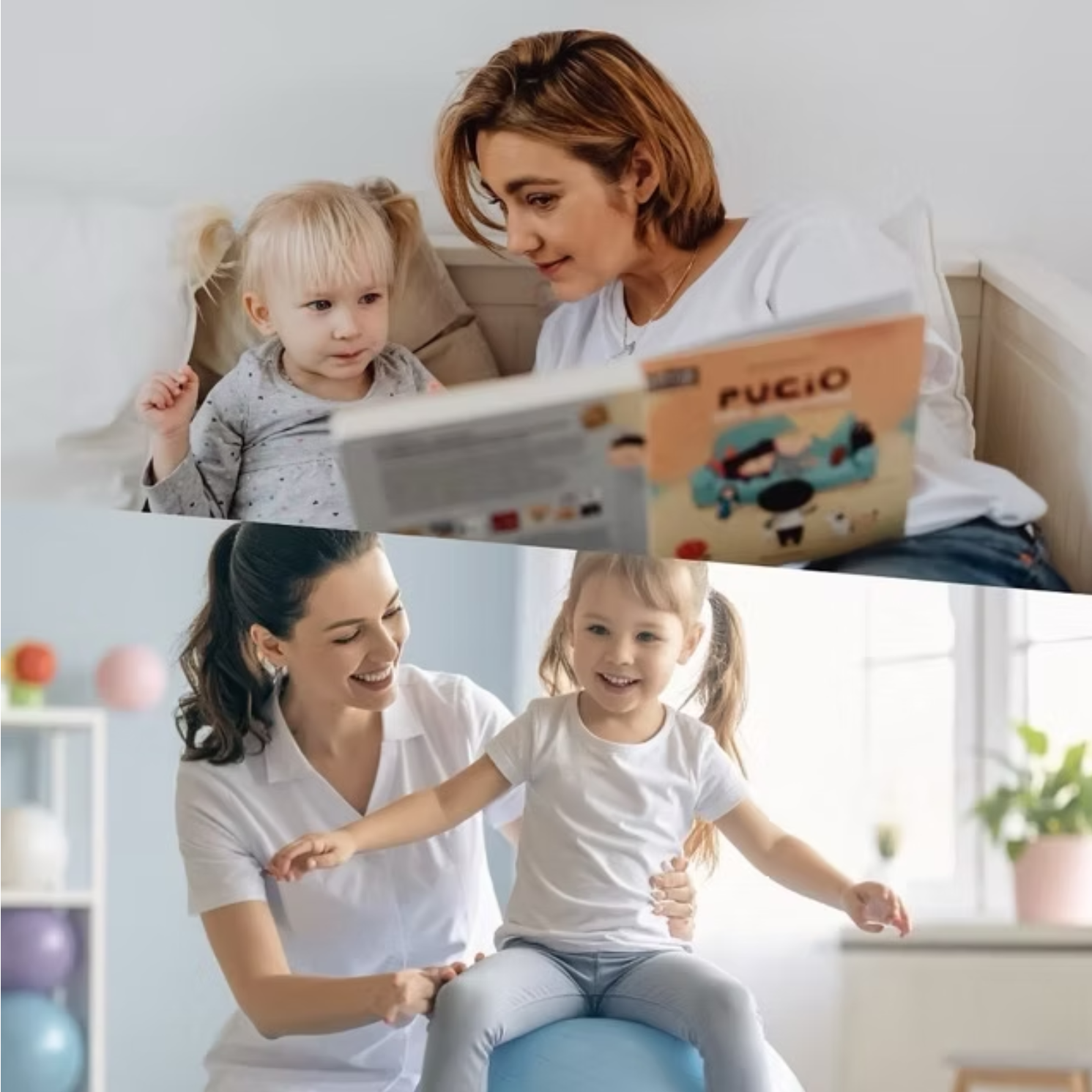 Top image of a girl sitting at home reading a book with and adult, bottom image of a girl sitting on an exercise ball with an adult in a clinic setting