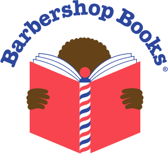 A logo with a person reading a red book with a barber pole tie, surrounded by the text "Barbershop Books."