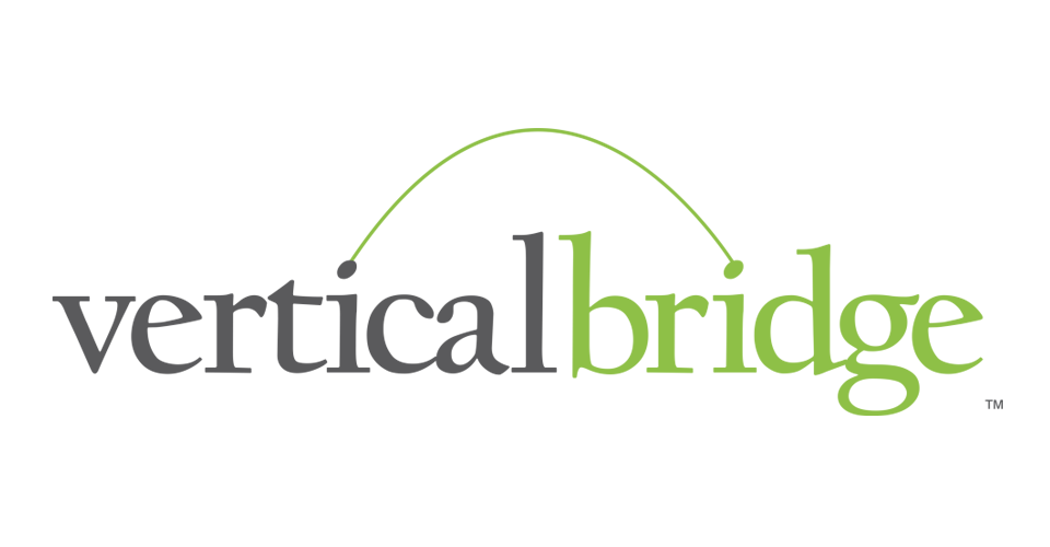 Logo for Vertical Bridge with stylized text and a curved green line connecting letters.