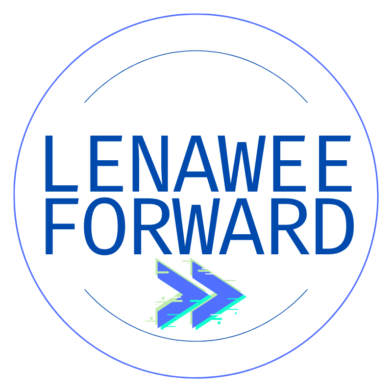 A graphic design featuring the text 'LENAWEE FORWARD' in blue capital letters, with a stylized double arrow pointing to the right below the text, all enclosed within concentric circles on a black background.