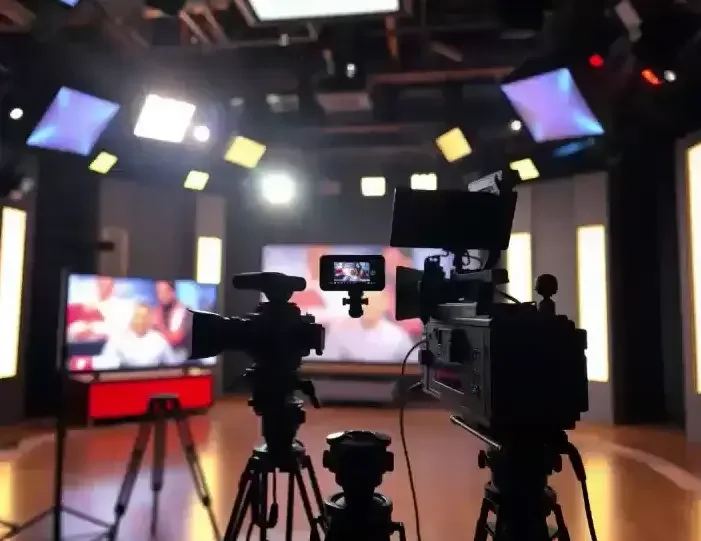 Television studio with cameras pointed at a live TV broadcast in progress, featuring a person on a screen in the background.