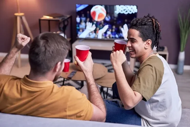 Two young men sitting on a couch watching television, holding red cups, celebrating with a toast, in a cozy living room.