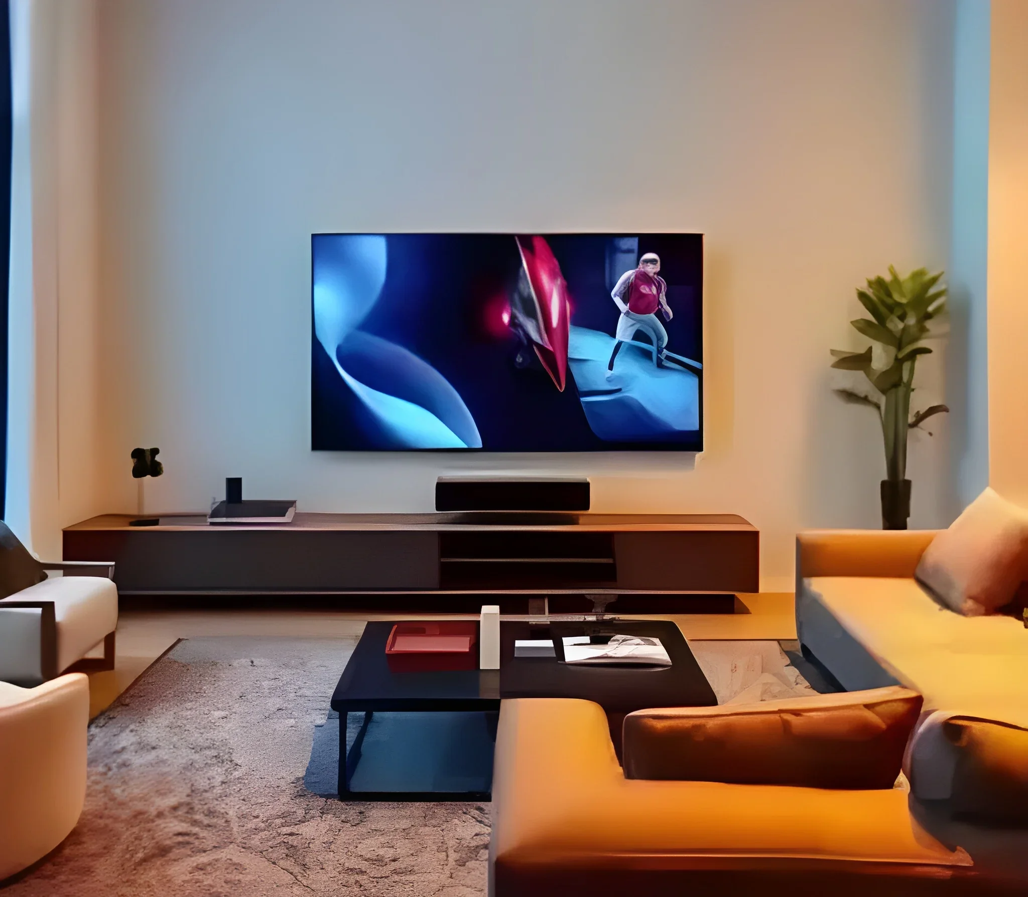 Living room with television on wall, various chairs, coffee table with books, and a plant on the right side.