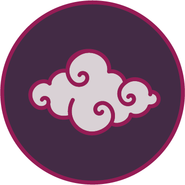 A stylized cloud icon with swirling patterns, inside a purple circle with a pink border.