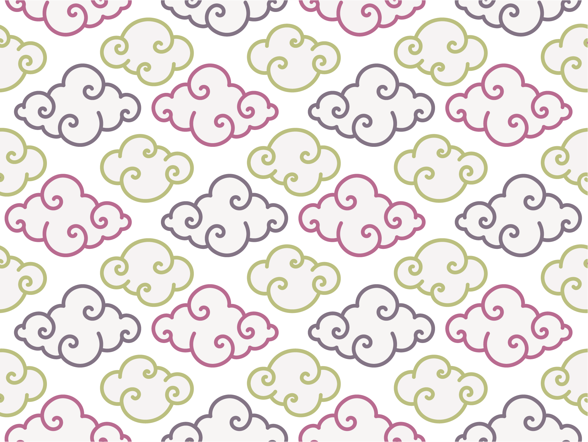 Pattern of outlined clouds in purple, green, and pink on a white background.