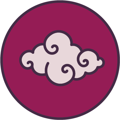 A stylized white cloud with swirls on a purple circular background.