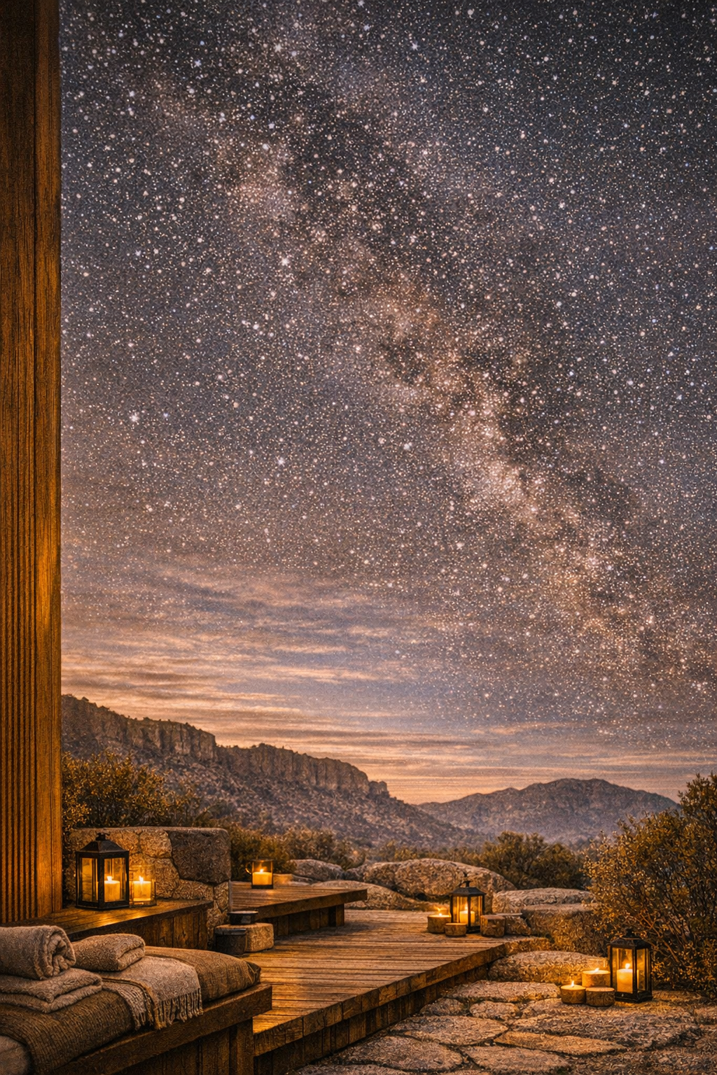 Night scene showing a clear, star-filled sky with the Milky Way galaxy. In the foreground, there is a wooden deck with lanterns and candles, rocks, and outdoor furniture, overlooking a mountainous landscape.