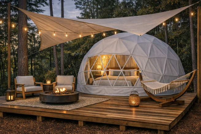 Outdoor glamping setup with a geodesic dome tent, wooden deck, seating area with armchairs, a fire pit, hammock, string lights, and lanterns surrounded by trees.