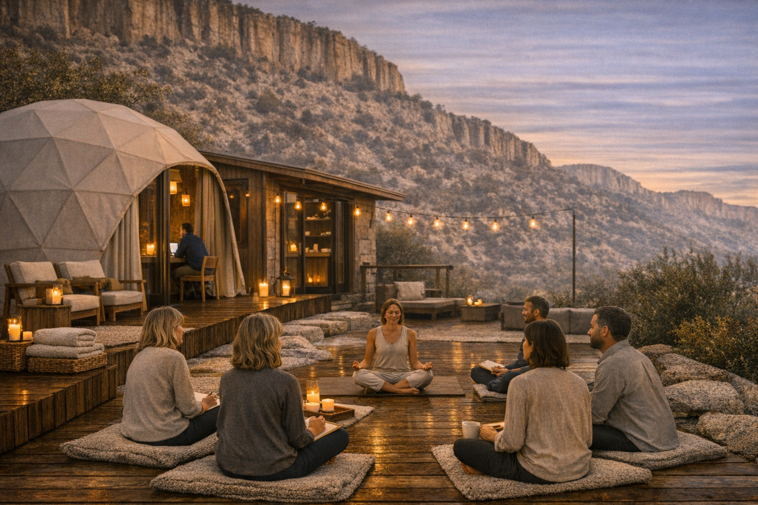 People participating in a meditation session outdoors during sunset, sitting on rugs around a small fire pit on a wooden deck, with mountains in the background and string lights overhead.