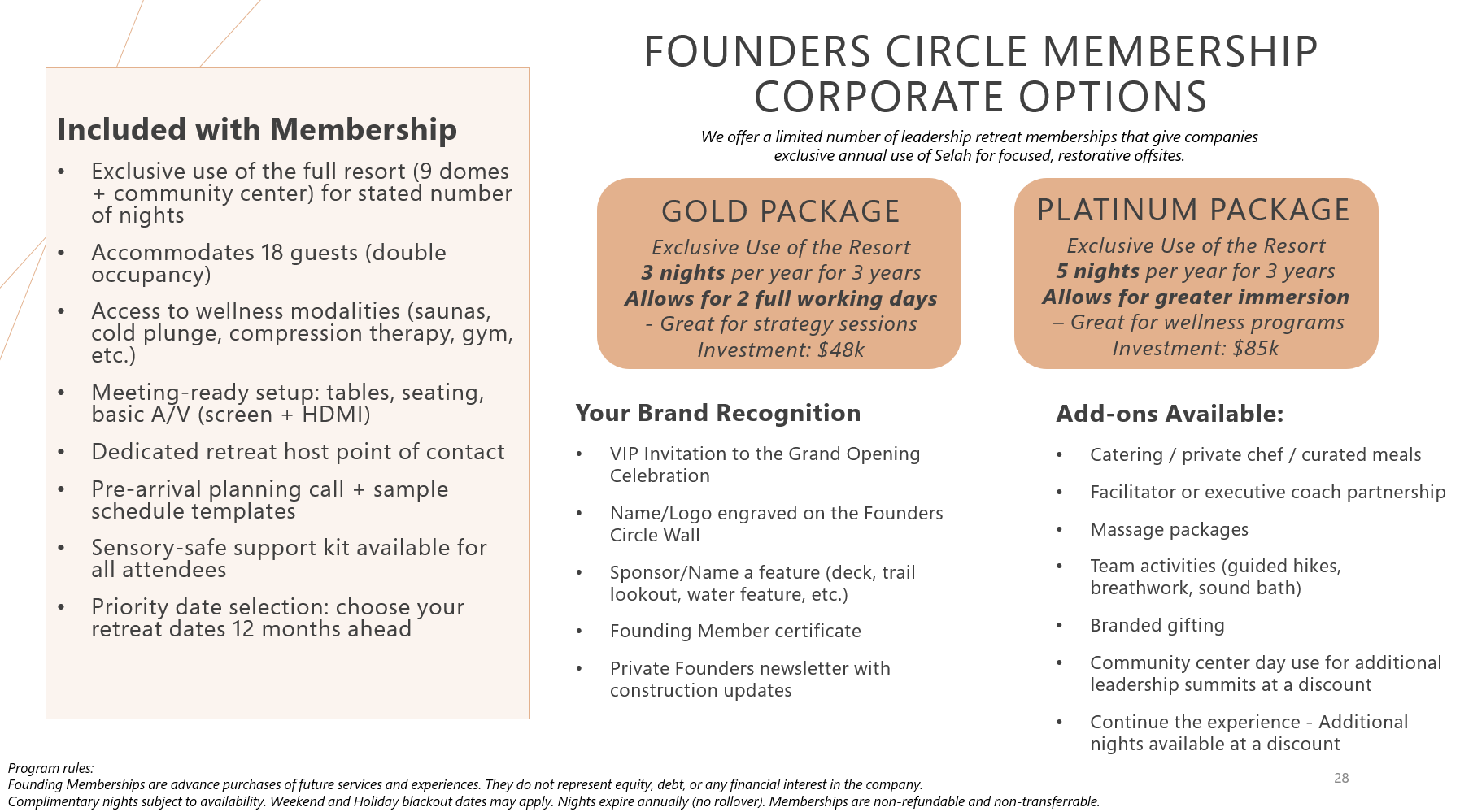 A presentation slide showing founders circle membership options, including a description of benefits included with membership, the gold and platinum packages with details about nights, investment cost, and immersion levels, and additional info about brand recognition and add-ons. There is additional text about program rules and a program disclaimer at the bottom.
