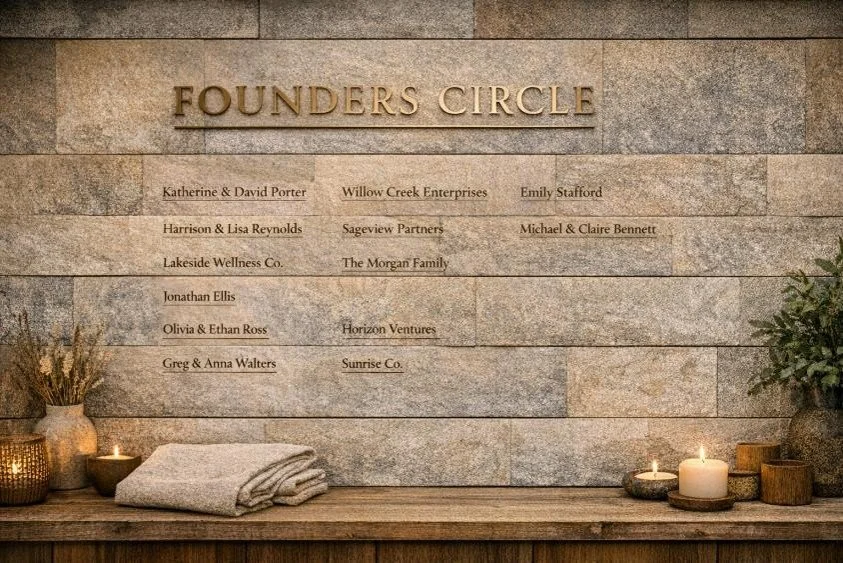 A wall display with gold lettering that reads 'Founders Circle' and a list of names and companies below it, including Katherine & David Porter, Willow Creek Enterprises, Emily Stafford, Harrison & Lisa Reynolds, Sageview Partners, Michael & Claire Bennett, Lakeside Wellness Co., The Morgan Family, Jonathan Ellis, Olivia & Ethan Ross, Horizon Ventures, Greg & Anna Walters, Sunrise Co. The display is decorated with candles, a vase of dried flowers, and a potted plant on a wooden shelf.