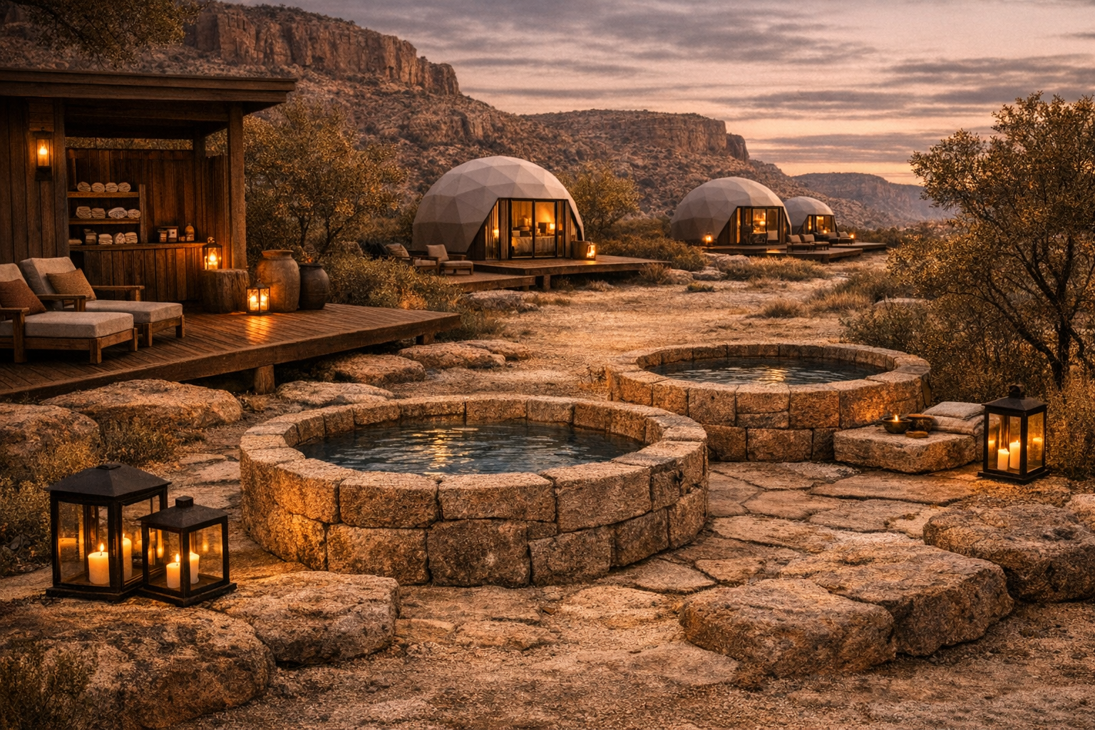 Scenic desert landscape at sunset with luxury glamping domes, outdoor hot tubs, lanterns, and a wooden deck with seating.