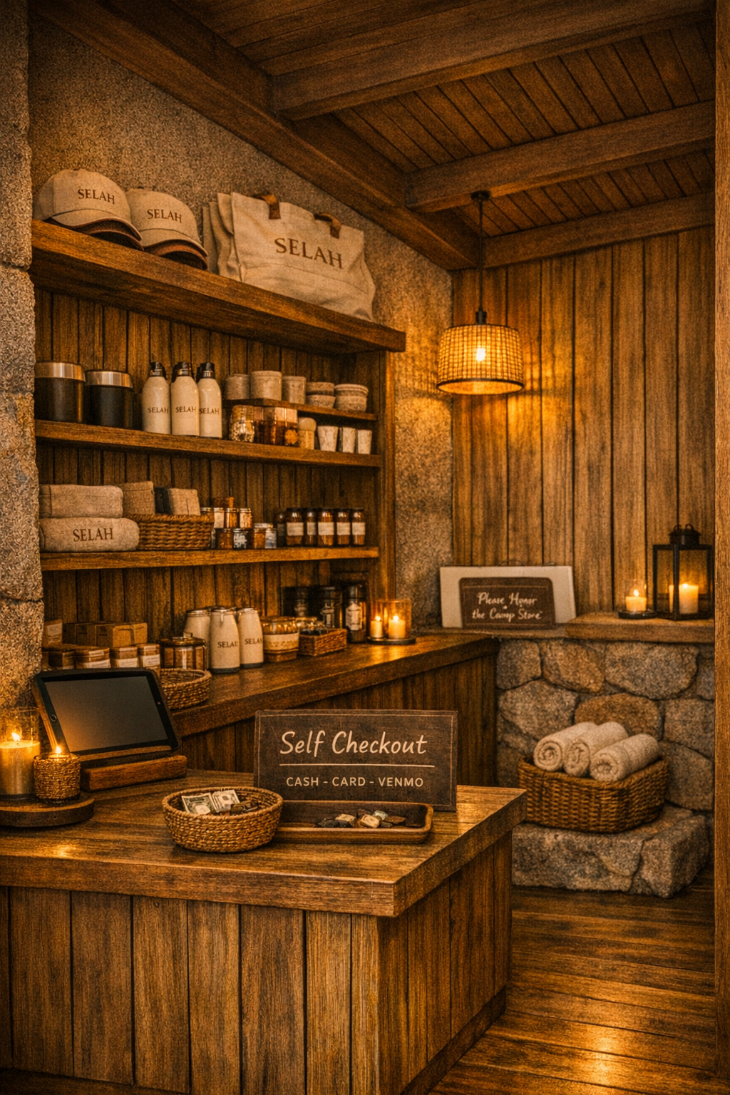 A rustic store checkout area with wooden shelving and stone accents, displaying items like hats, towels, jars, and bottles, and a sign for self checkout.