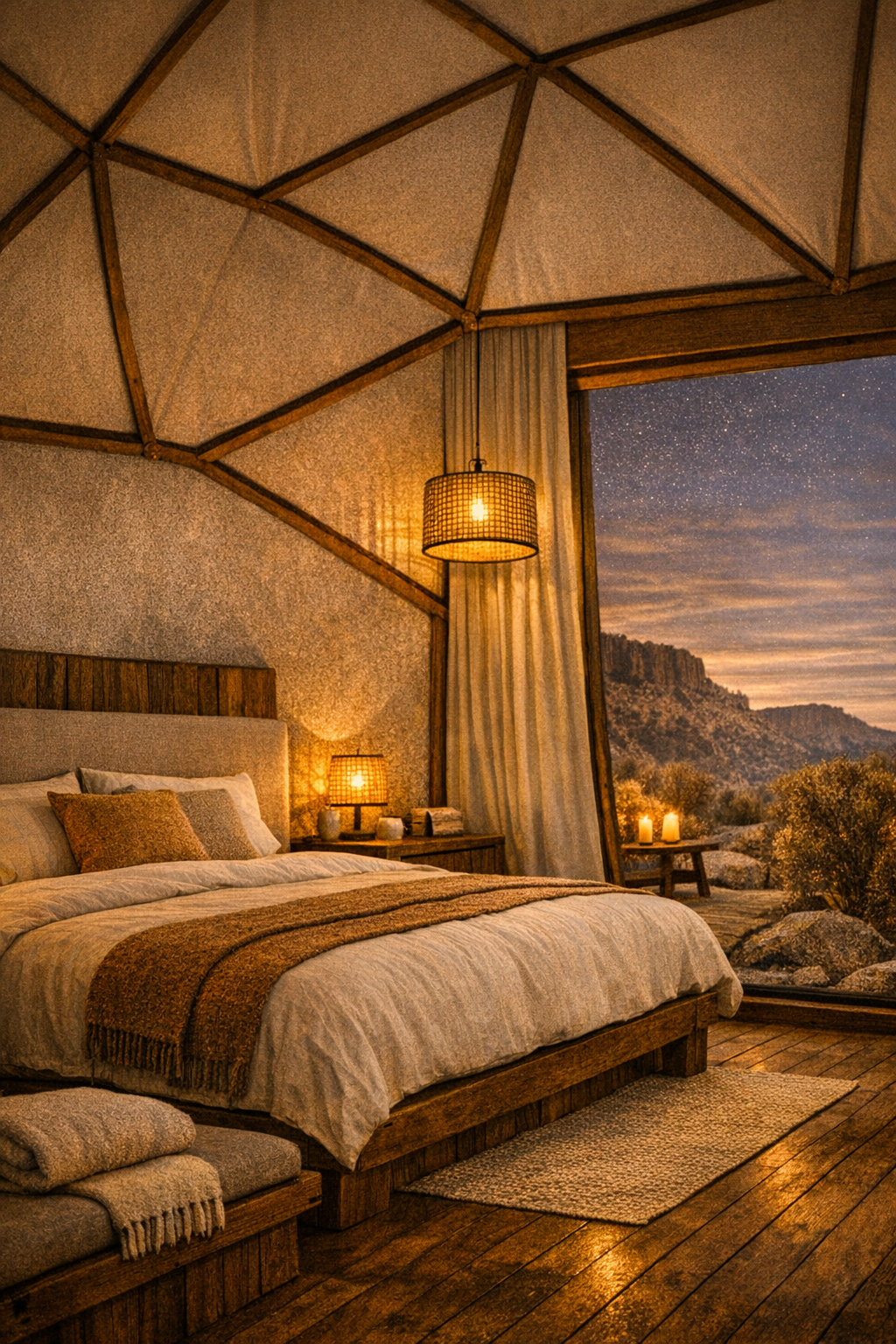 A cozy bedroom with rustic wooden accents, a large bed with white linens, decorative pillows, and a bed runner. A bedside table with a lamp, candles outside the window, and a view of a mountain landscape at dusk or night.