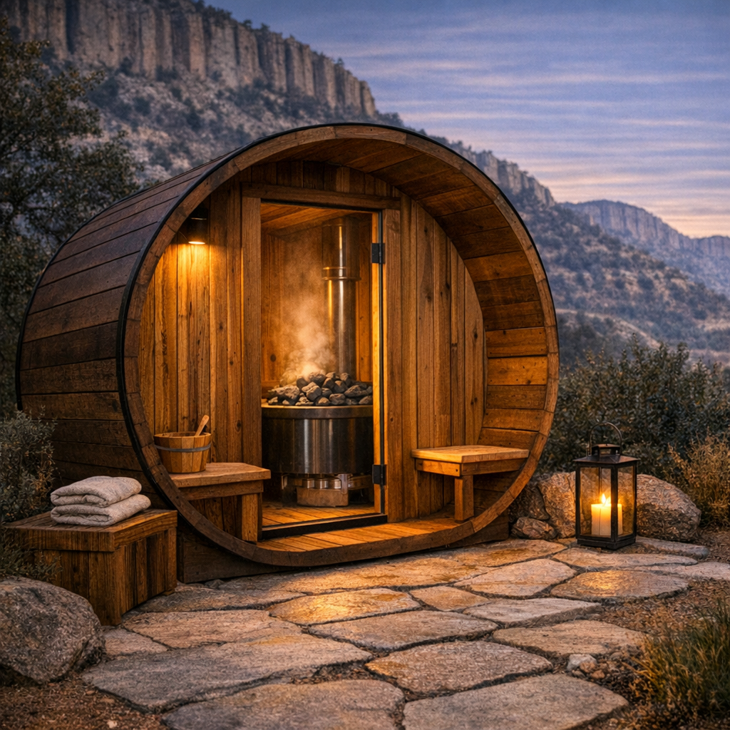A wooden barrel-shaped sauna with an open door, set outdoors on a stone patio, with mountains in the background and a lit lantern on the ground.