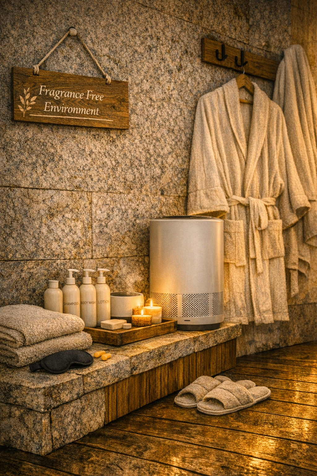 Spa environment with robes hanging on wall hooks, candles, a humidifier, and toiletries labeled shampoo, body wash, lotion on a stone shelf, and a wooden sign reading 'Fragrance Free Environment'.