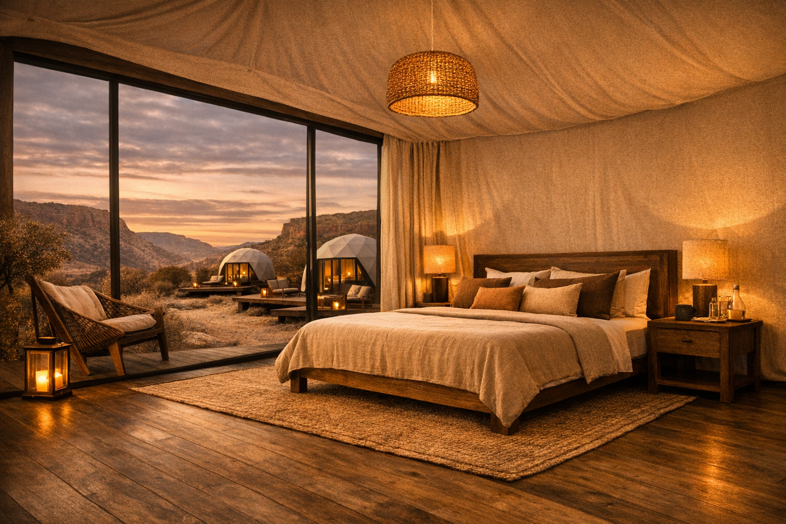 A cozy bedroom with a large bed, nightstand, and lamps, overlooking desert mountains with a sunset sky and two dome-shaped outdoor tents.