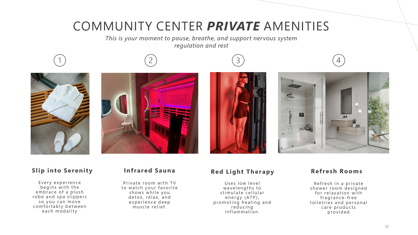 A promotional page detailing private amenities at a community center. Features include a robe and spa slippers, an infrared sauna room with pink lighting, a woman in athletic wear in a red light therapy room, and a modern bathroom with a glass shower and outdoor seating.
