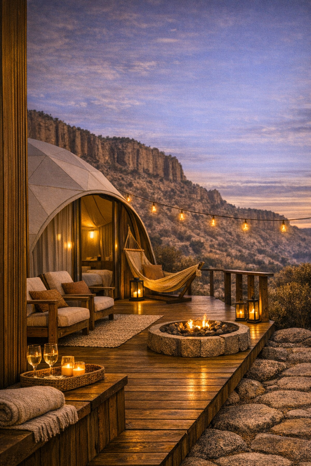 Cozy outdoor deck with string lights, lanterns, a fire pit, hammock, and seating area, overlooking a mountainous landscape at sunset.