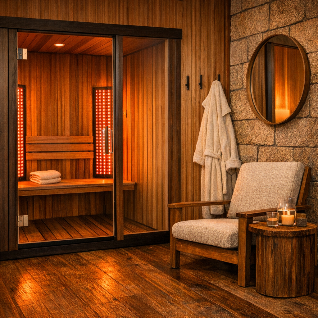 A cozy room with a sauna enclosed by glass doors, wooden walls, and warm lighting. Next to the sauna, there is a beige armchair with a small wooden side table holding candles. A bathrobe hangs on hooks, and a round mirror is mounted on a stone wall.