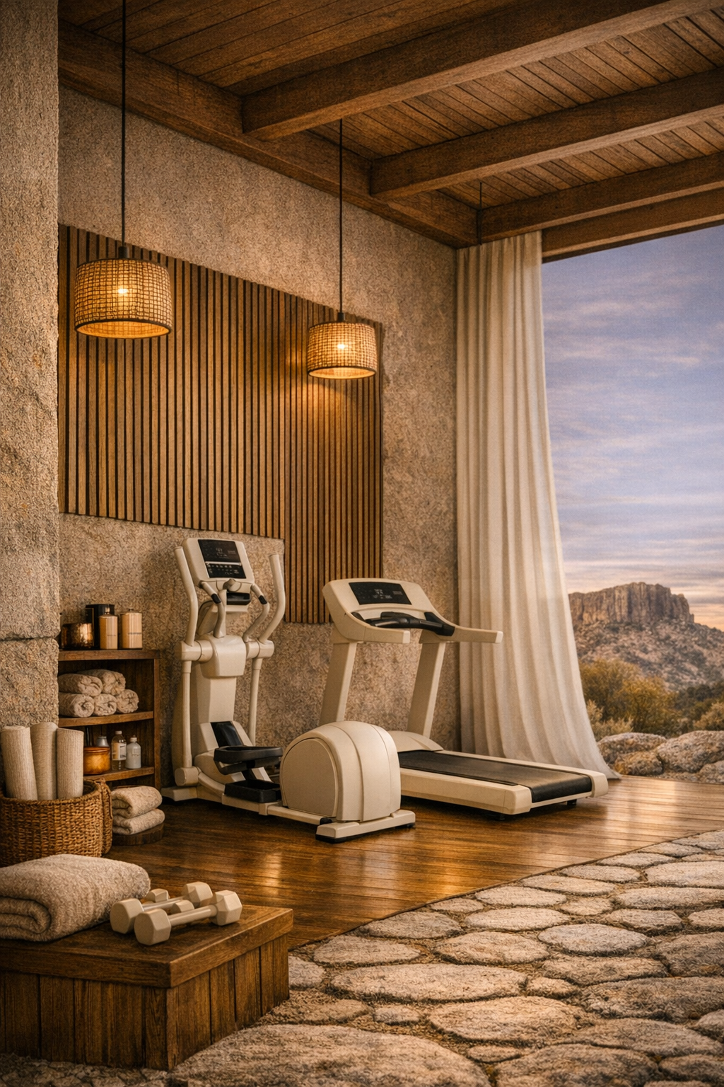 A cozy home gym with wood-paneled ceiling, two pendant lights, exercise equipment, shelves with towels and candles, stone flooring, and a large window showing a mountain landscape.