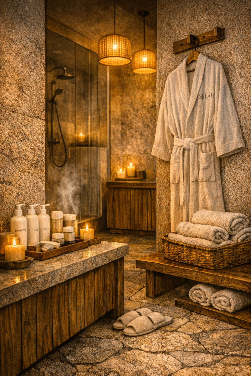 Spa room with candles, a bathrobe embroidered with 'SELAH', towels, and a shower area with candles and toiletries.