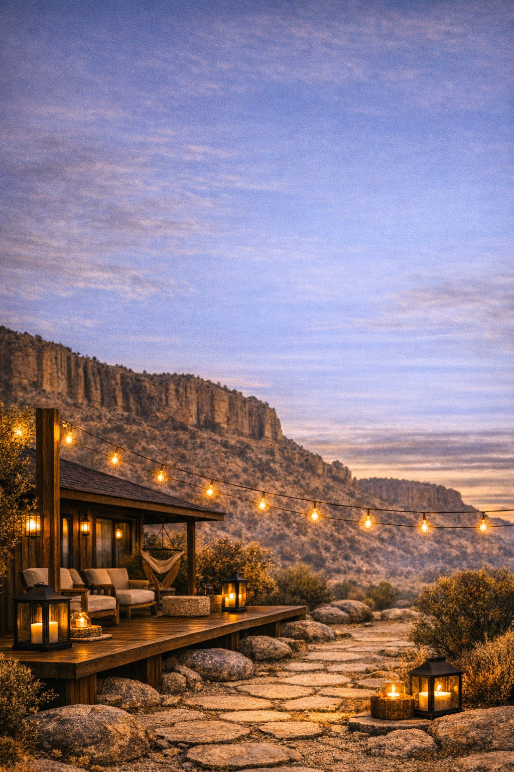 Outdoor patio with string lights and lanterns at sunset, overlooking mountains and rocky landscape.