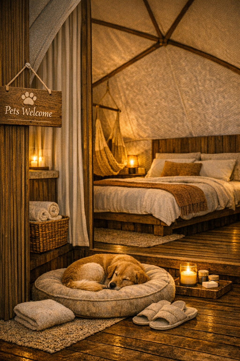 A cozy hotel room with a bed, bedside lamps, candles, and a dog sleeping in a bed on the wooden floor. There is a sign that says 'Pets Welcome' on the wall.
