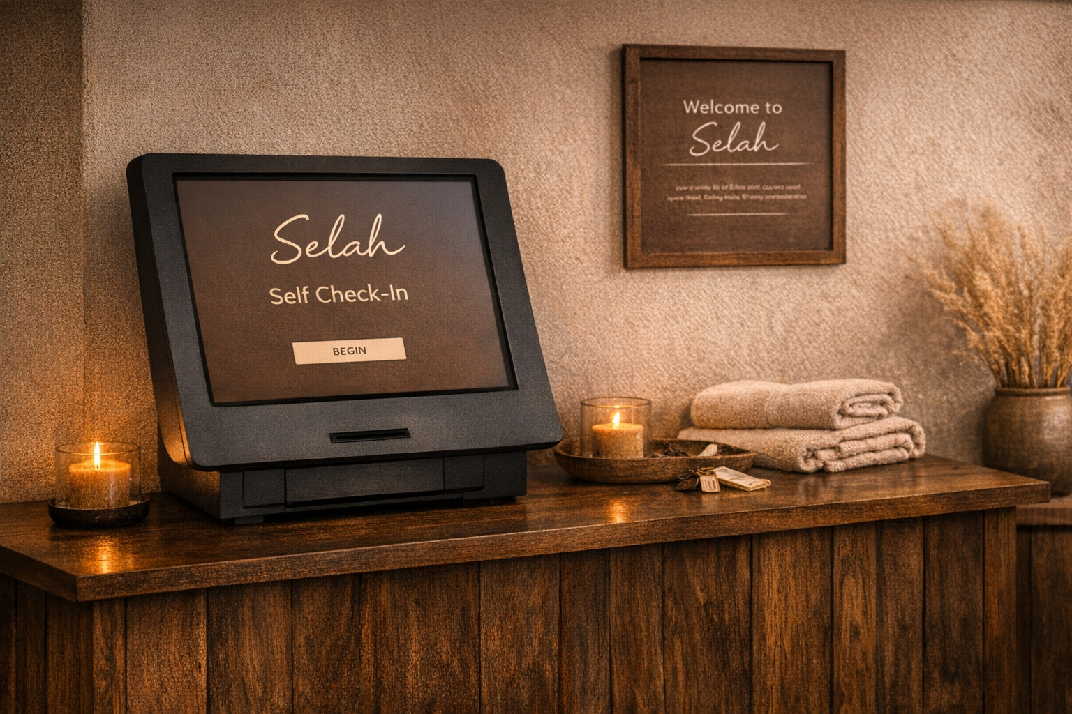 A self check-in kiosk on a wooden counter with candles, towels, and a vase with dried flowers; a framed sign reading 'Welcome to Selah' hangs on the textured wall.