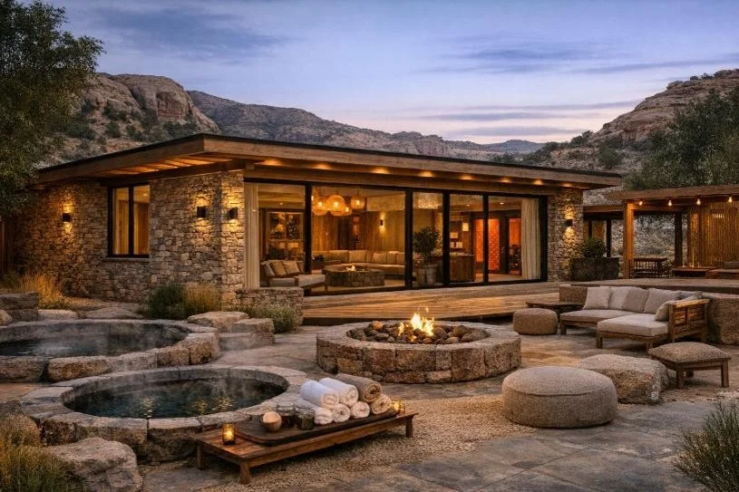 Luxury modern house with stone exterior and large glass sliding doors, surrounded by desert landscape and mountains, with outdoor seating area, fire pit, hot tub, and ambient lighting at dusk.