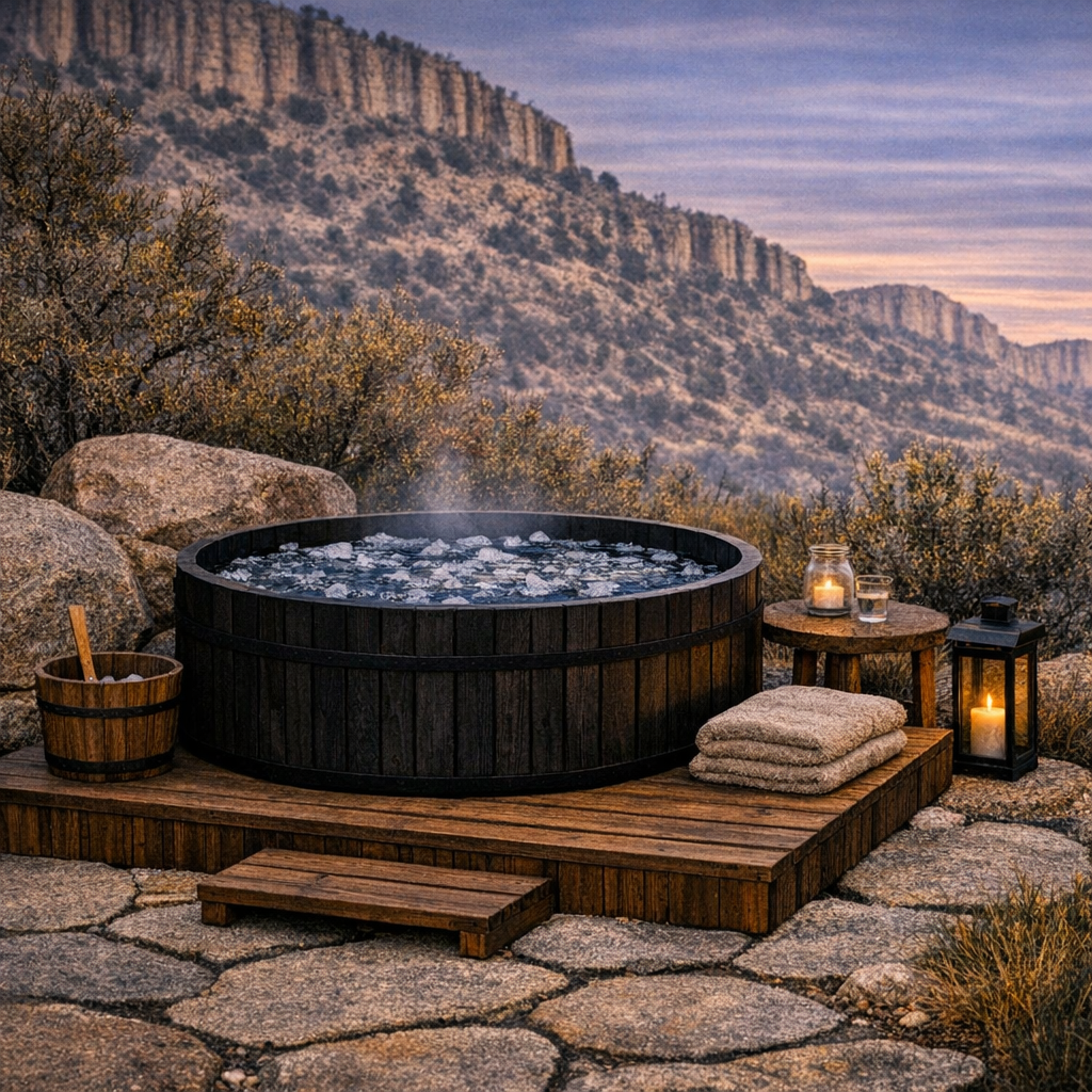 A hot tub on a wooden deck outdoors during sunset, surrounded by rocks and desert vegetation, with candles and lanterns for lighting.