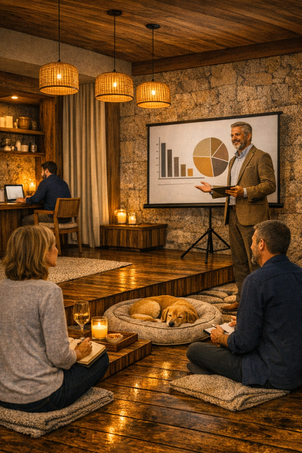 A group of people attending a presentation in a cozy, rustic room with wooden walls and floors, warm lighting, and candles. A man in a suit is standing and speaking in front of a screen displaying graphs. Two people sit on cushions, one with a notebook, and a dog is lying on a pet bed in front of them.