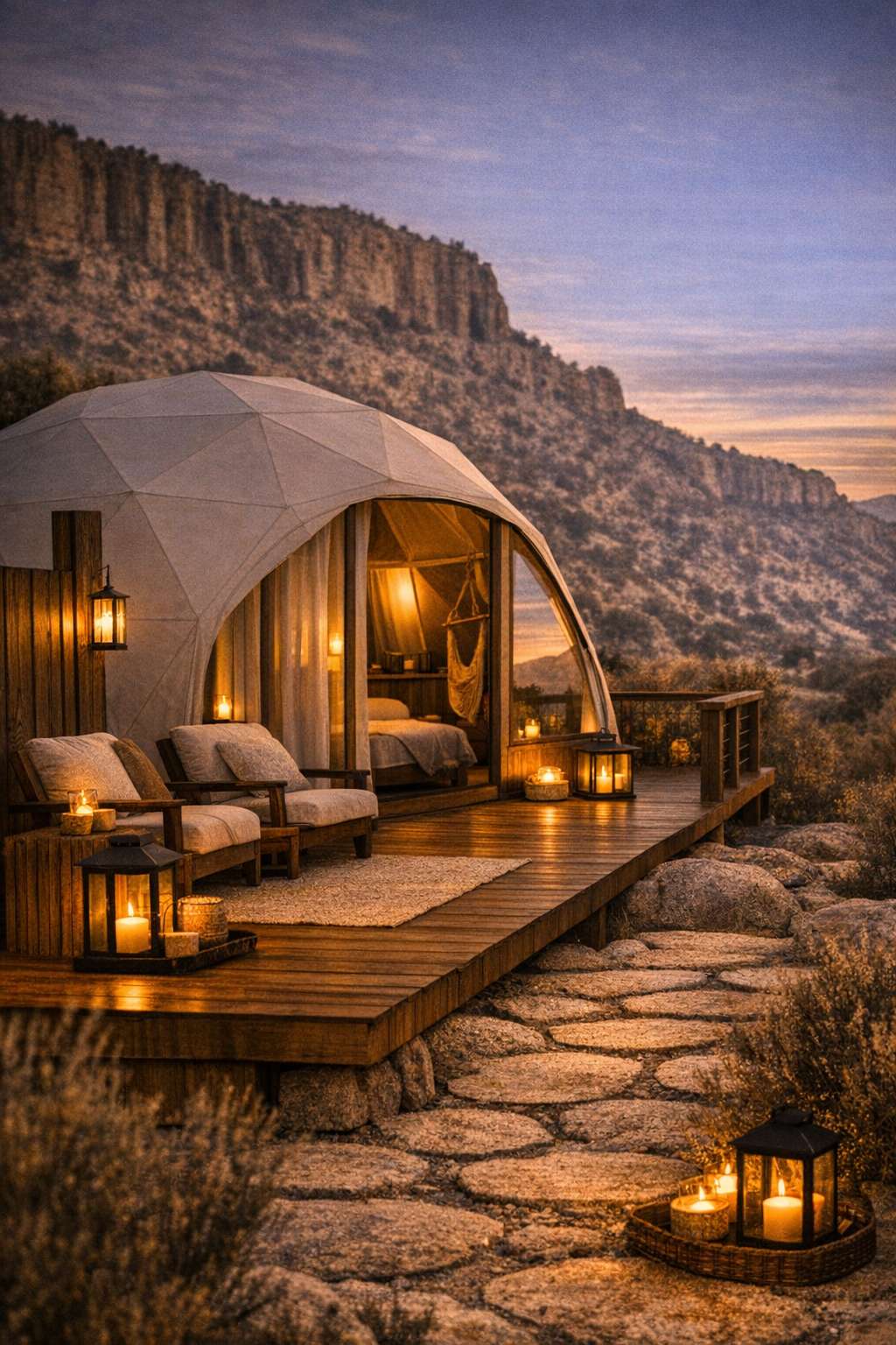 A cozy yurt on a wooden deck with chairs and candles, set against a mountainous landscape during sunset.