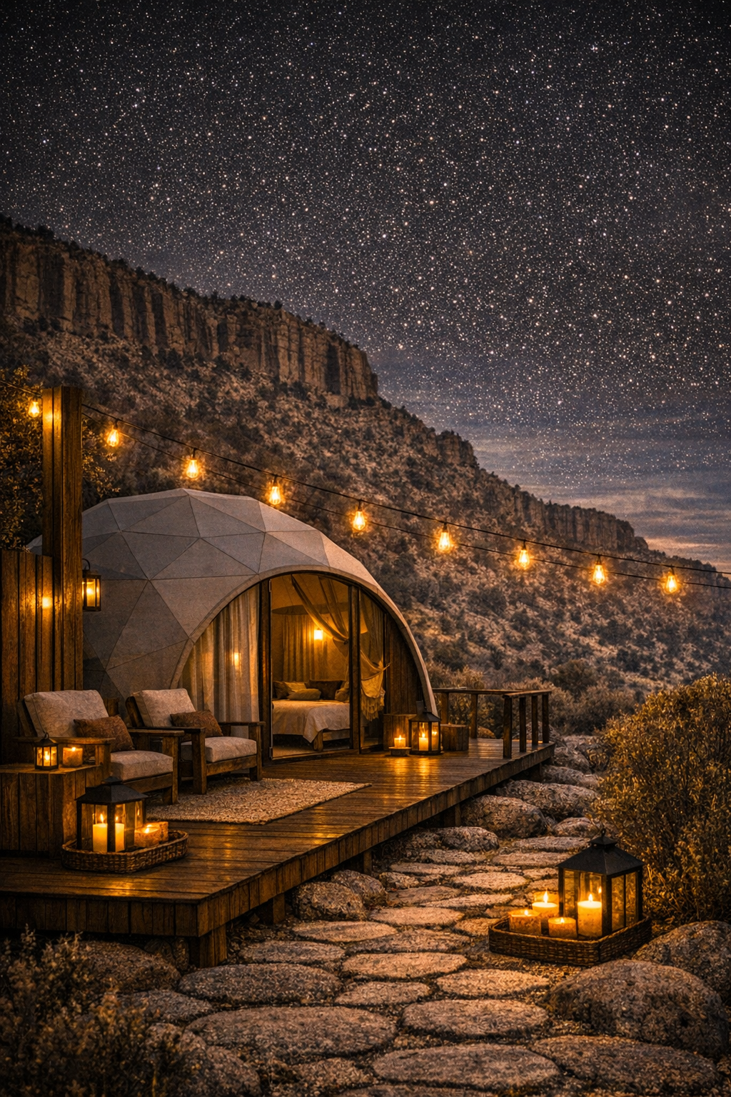 A cozy glamping tent with string lights and candles on a wooden deck, set against a mountain backdrop under a starry night sky.