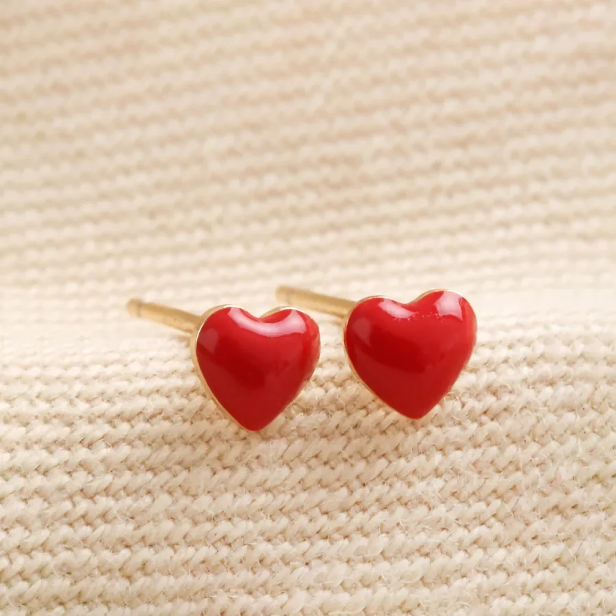 Red Heart Stud Earrings in Gold | House of Cadiza