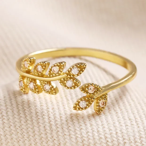Crystal Fern Leaf Ring in Gold