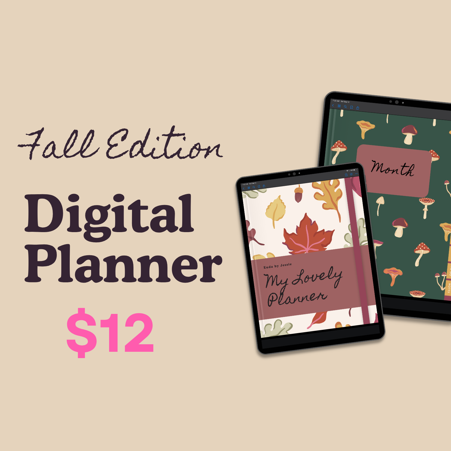 Digital fall edition planner advertisement featuring two tablets displaying fall-themed planner covers, with text indicating price of $12.